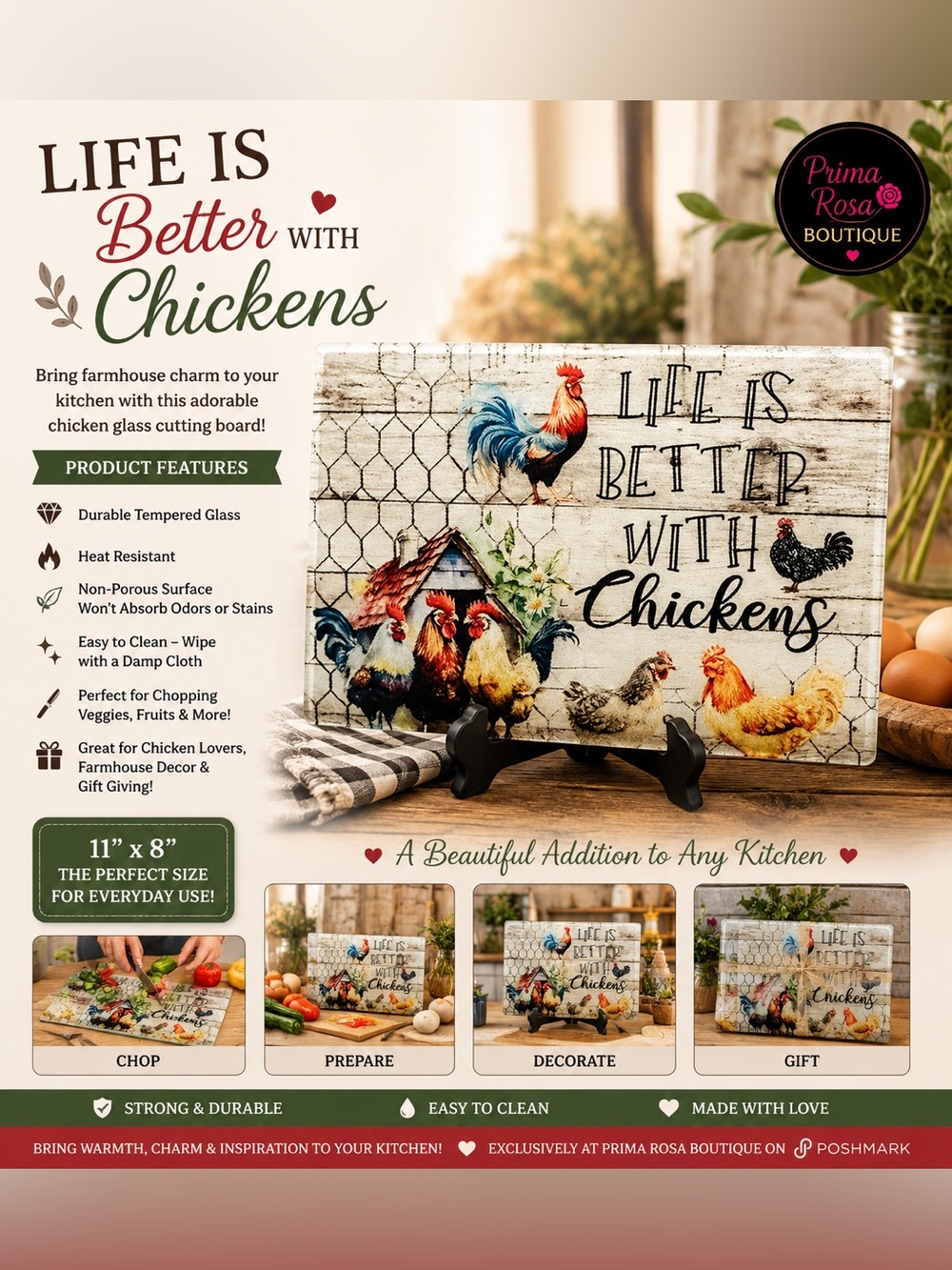 Rustic Chicken Glass Cutting Board